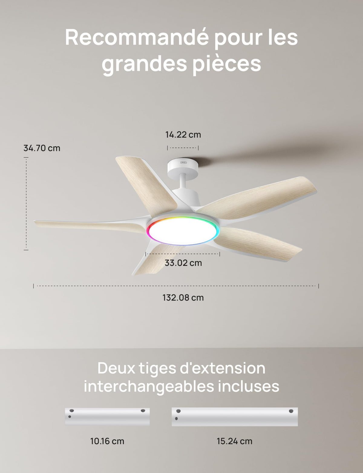 Ventilateur de Plafond avec Lumière DR-HCF002S 132 cm 54 W LED Dimmable RGB Wi-Fi 6 Vitesses Moteur CC Blanc