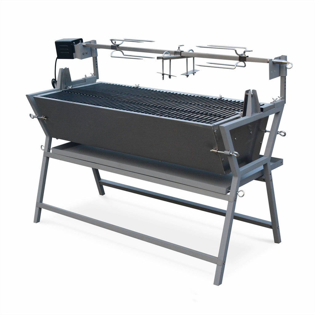Barbecue charbon de bois avec tournebroche électrique Mathurin Inox inclinable 15 W cuve inox grille de cuisson 4715 cm²