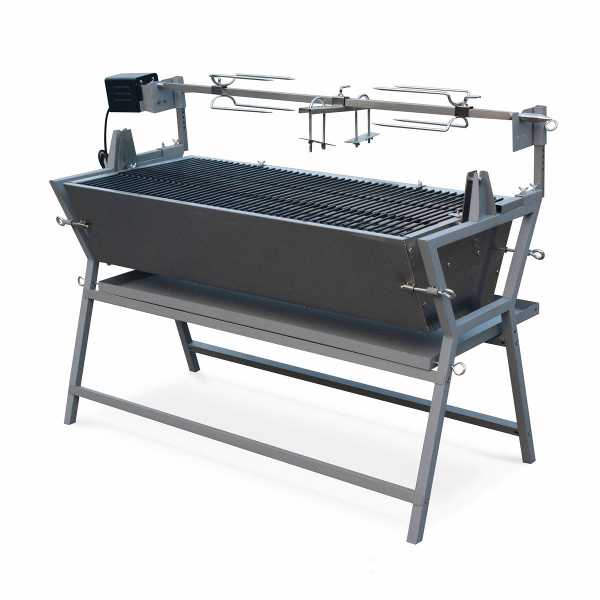 Barbecue charbon de bois avec tournebroche électrique Mathurin Inox inclinable 15 W cuve inox grille de cuisson 4715 cm²