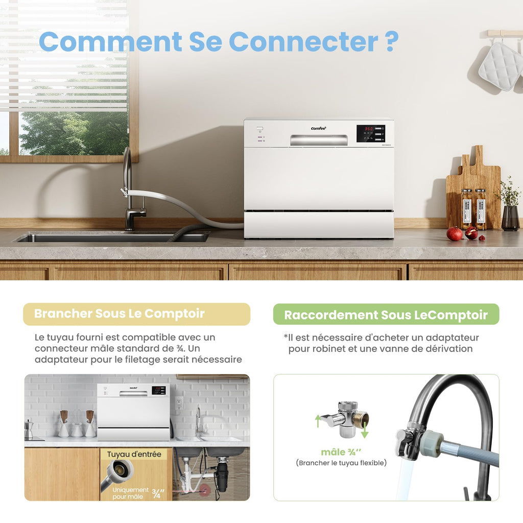 Lave-Vaisselle Compact TD602E-W 6 Couverts 6 Programmes 47 dB 220 V Écran LED Départ Différé 50 x 55 x 43,8 cm Blanc