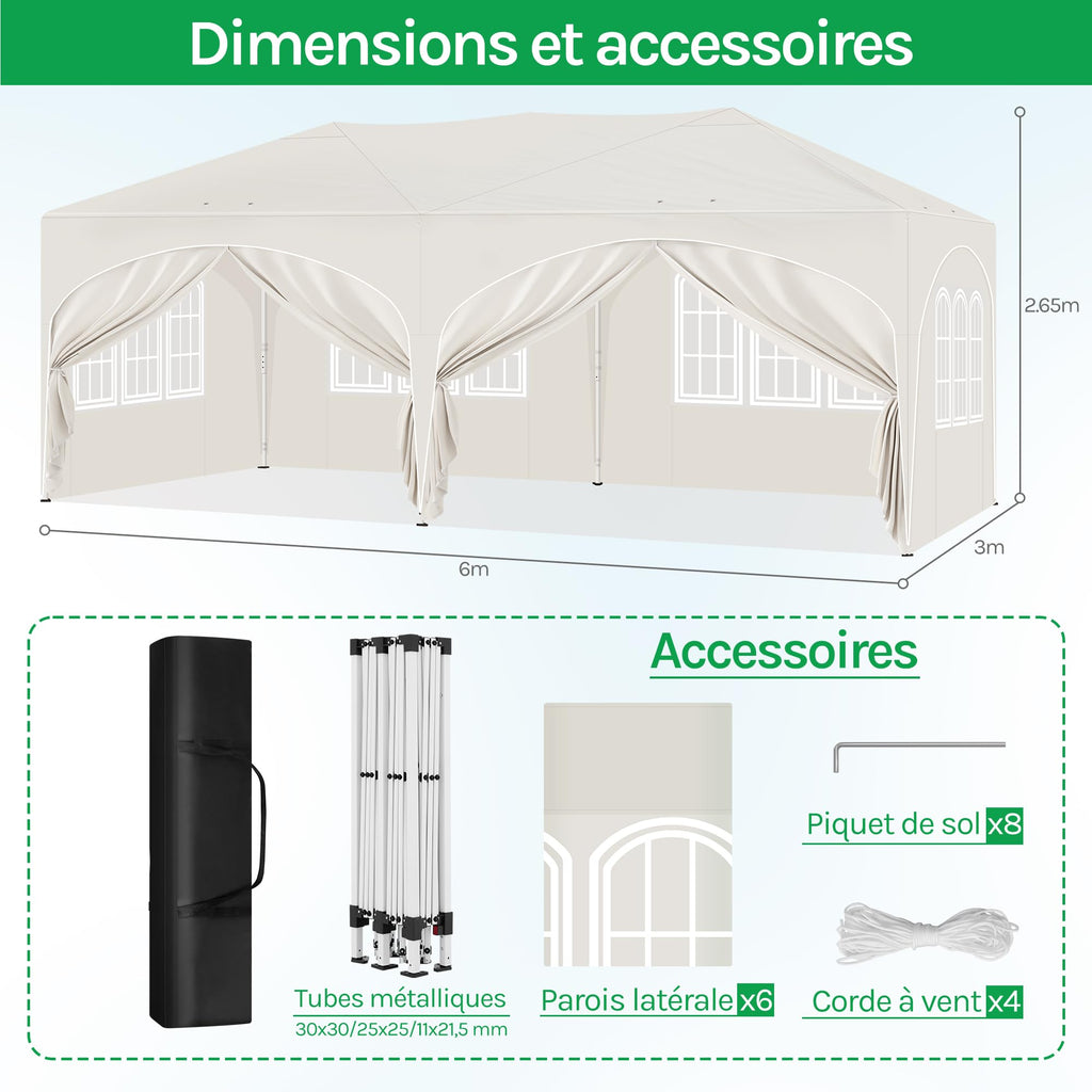 Barnum pliant 3 x 6 m avec 6 parois tente de réception beige structure métallique imperméable UPF 50+