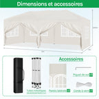 Barnum pliant 3 x 6 m avec 6 parois tente de réception beige structure métallique imperméable UPF 50+