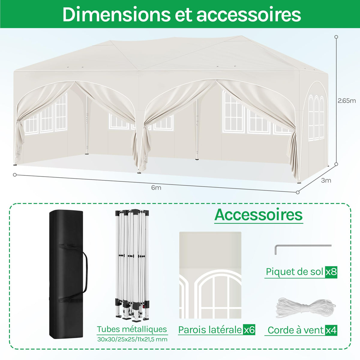 Barnum pliant 3 x 6 m avec 6 parois tente de réception beige structure métallique imperméable UPF 50+