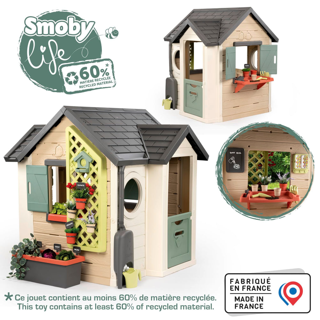Maison de jardin pour enfants 132 x 128,5 x 135 cm dès 2 ans plastique recyclé jardinière treillis mangeoire récupérateur d'eau