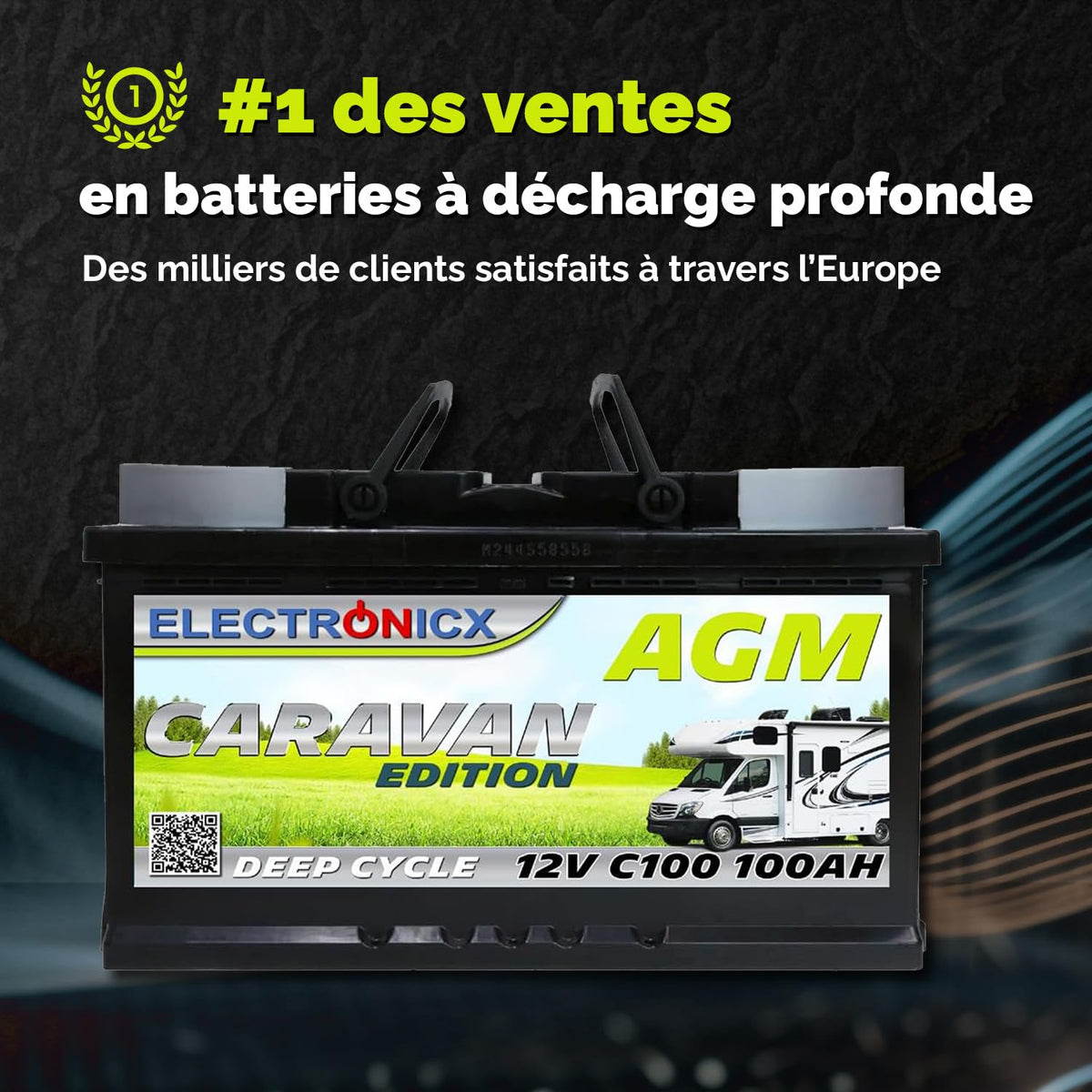 Batterie AGM 12 V 100 Ah Caravan-100AH étanche sans entretien avec borne positive à droite pour caravane et système solaire