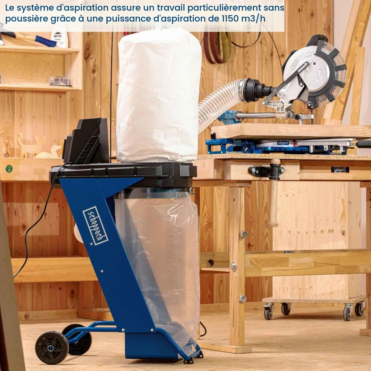Aspirateur à copeaux de bois DC500 550 W 1150 m³/h sac 75 L filtre à cartouche tuyau 2 m 100 mm