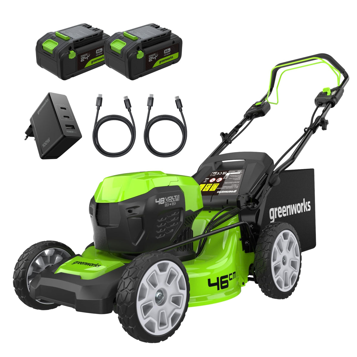 Tondeuse à gazon sans fil GD24X2LM46SPK4X 48 V autotractée 46 cm sac 55 L 2 batteries 24 V 4 Ah chargeur double