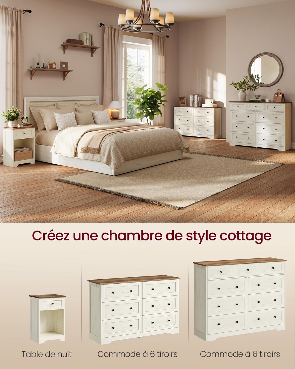 Commode 6 tiroirs LTS663WJ01 40 x 120 x 78 cm bois d'ingénierie blanc rustique marron miel meuble de rangement