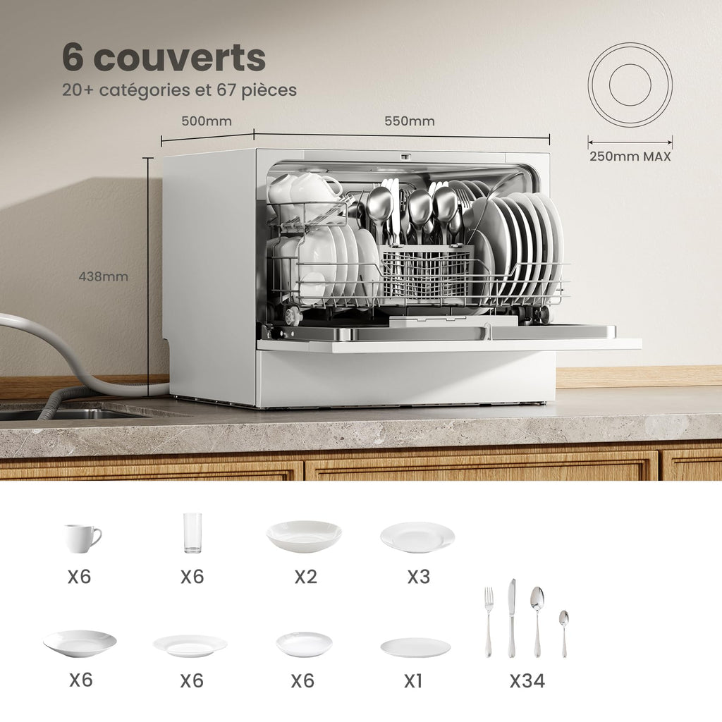 Lave-Vaisselle Compact TD602E-W 6 Couverts 6 Programmes 47 dB 220 V Écran LED Départ Différé 50 x 55 x 43,8 cm Blanc