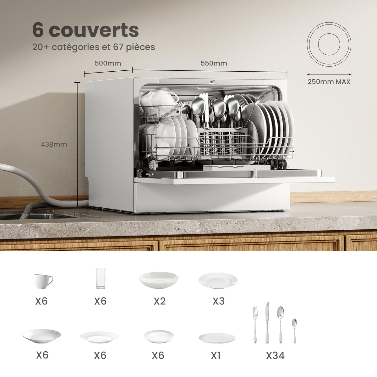 Lave-Vaisselle Compact TD602E-W 6 Couverts 6 Programmes 47 dB 220 V Écran LED Départ Différé 50 x 55 x 43,8 cm Blanc