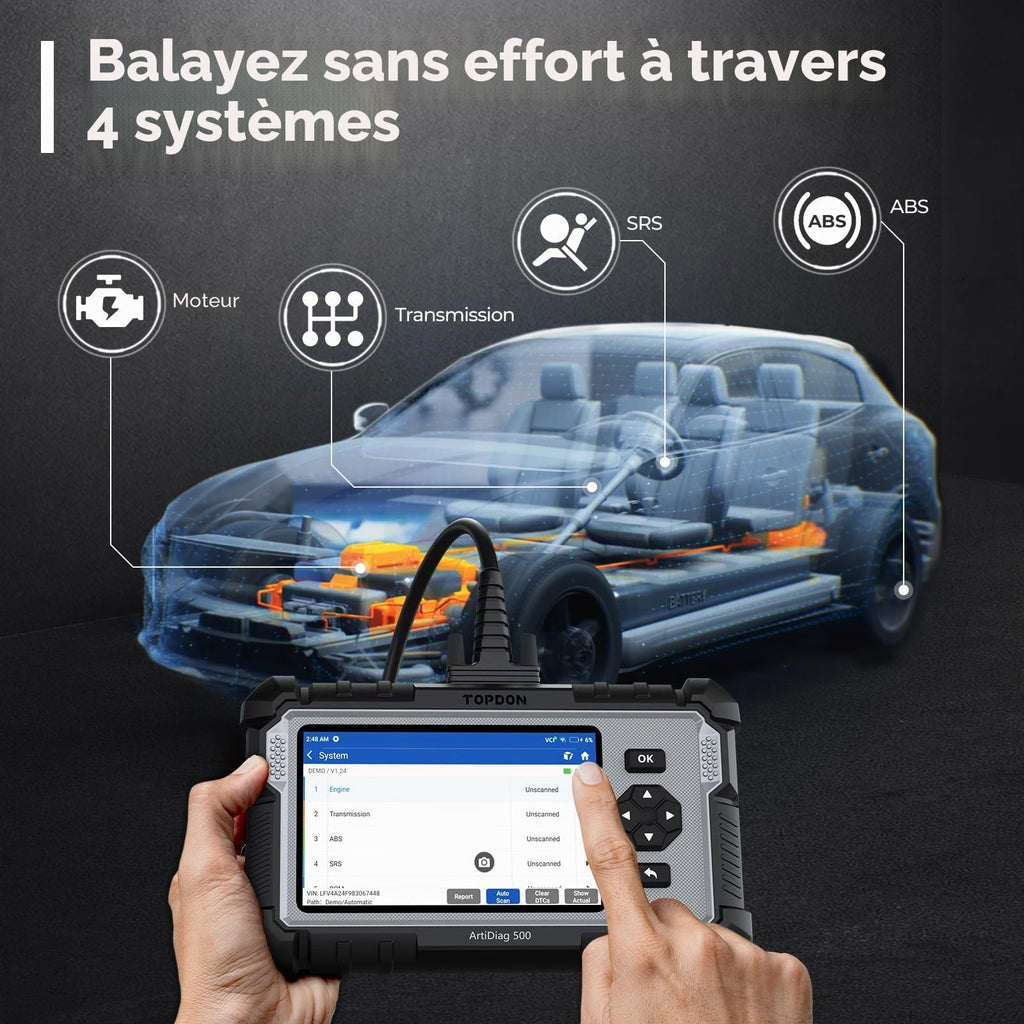 Valise diagnostic automobile OBD2 AD500 4 systèmes moteur transmission ABS SRS 6 réinitialisations écran 5 pouces Android 11