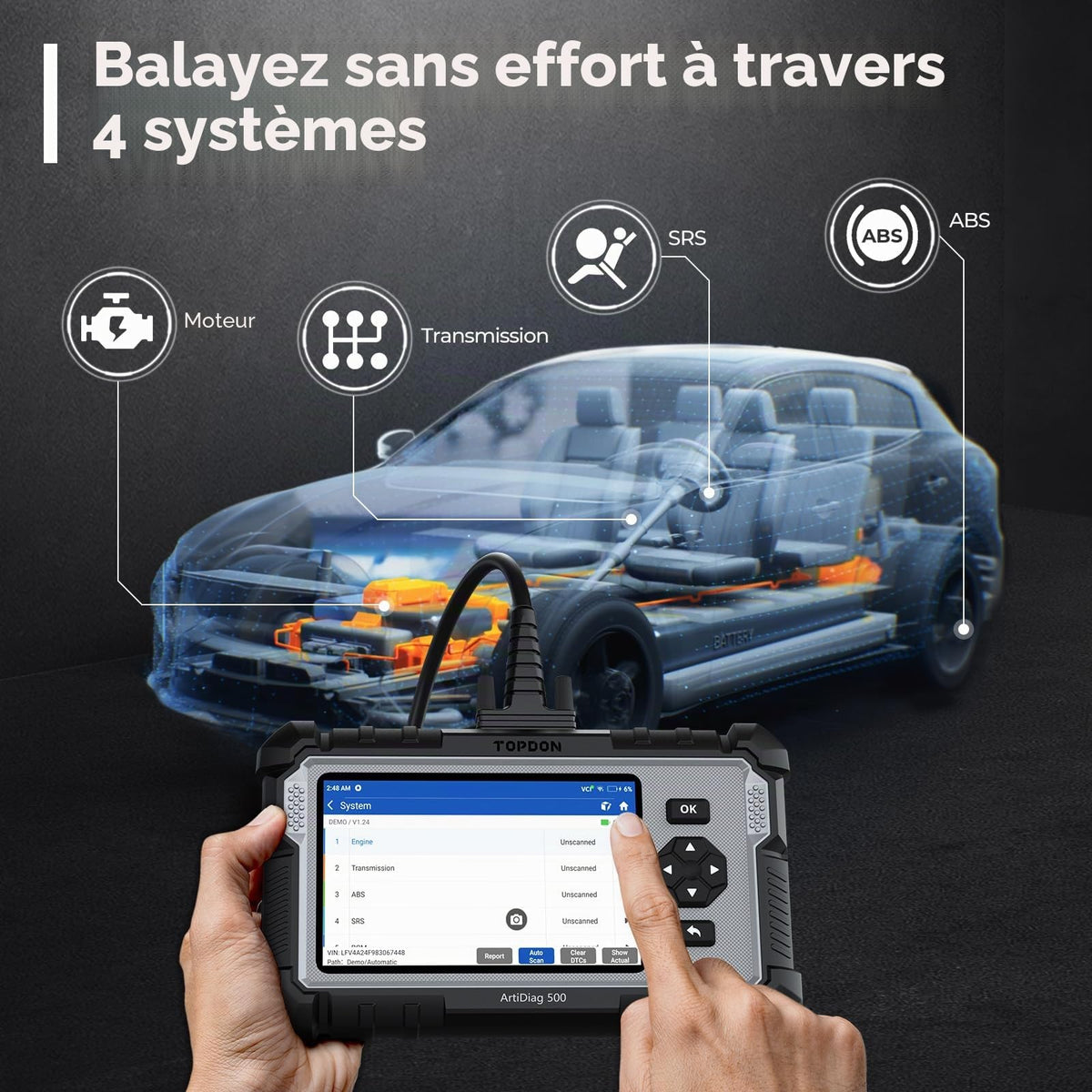 Valise diagnostic automobile OBD2 AD500 4 systèmes moteur transmission ABS SRS 6 réinitialisations écran 5 pouces Android 11