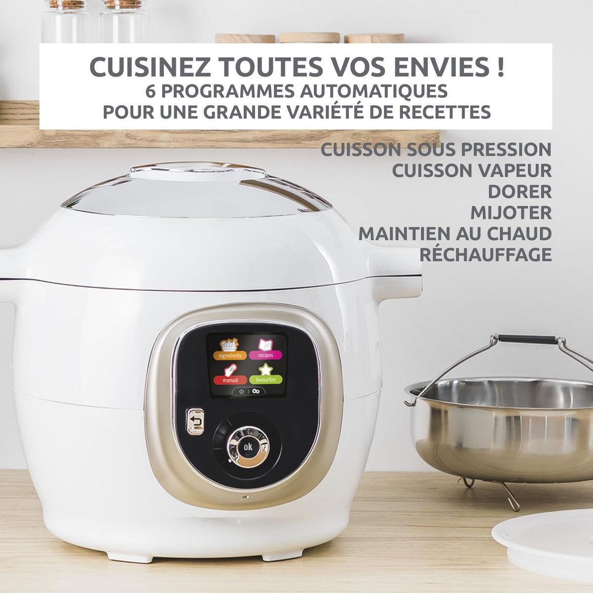 Multicuiseur haute pression Cookeo+ 6 L 1600 W programmable 6 modes de cuisson 150 recettes intégrées écran tactile