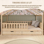 Lit Cabane Montessori Crazy House AM-05-16 90 x 190 cm Bois de Pin 2 Tiroirs Sommier à Lattes Barrière 120 kg Naturel