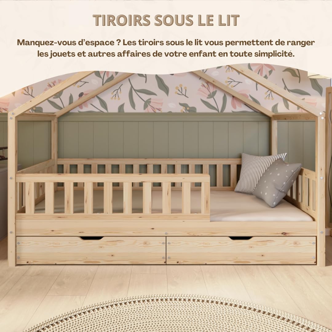 Lit Cabane Montessori Crazy House AM-05-16 90 x 190 cm Bois de Pin 2 Tiroirs Sommier à Lattes Barrière 120 kg Naturel