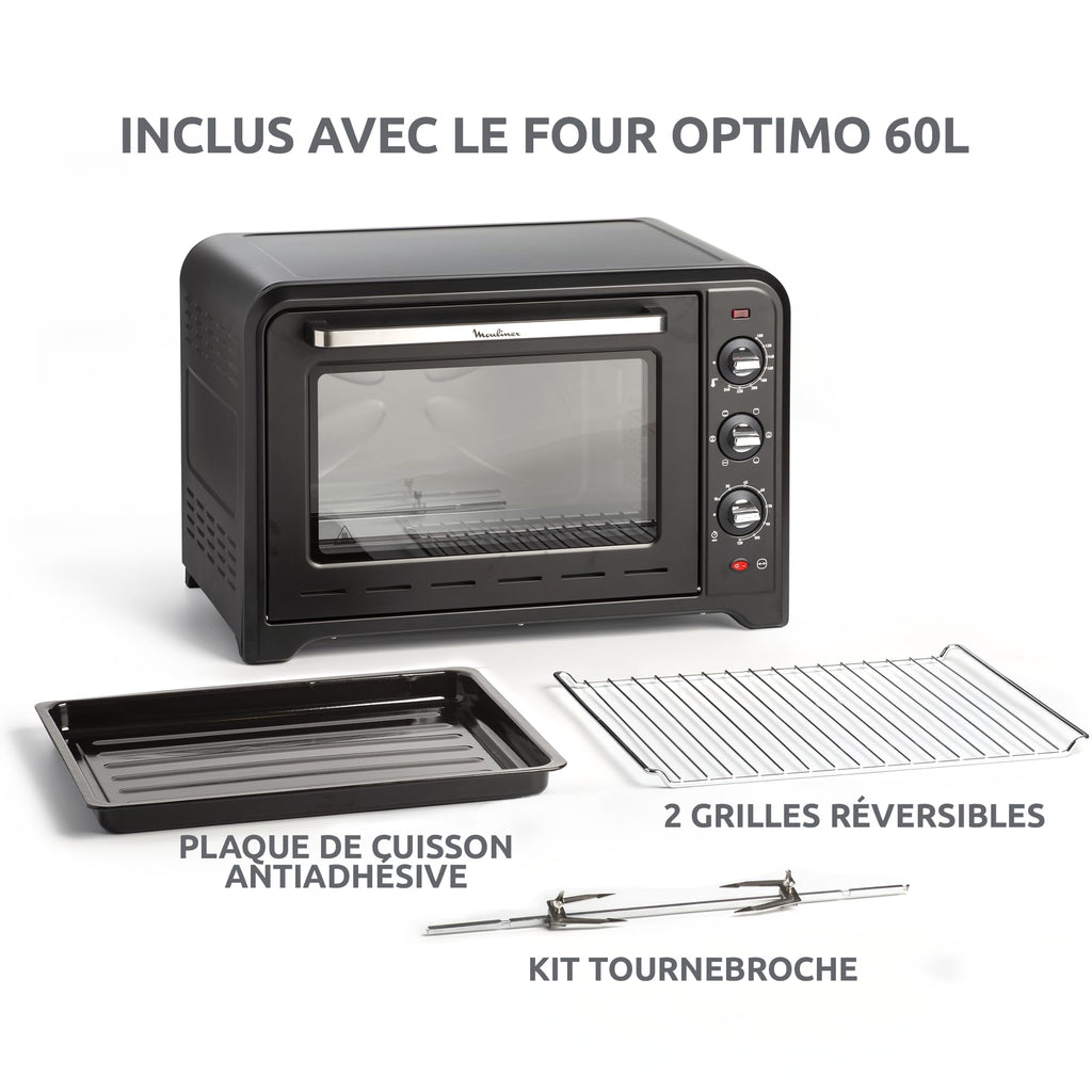 Four électrique Optimo OX495810 60 L 2200 W chaleur tournante 7 modes de cuisson avec tournebroche et 2 grilles