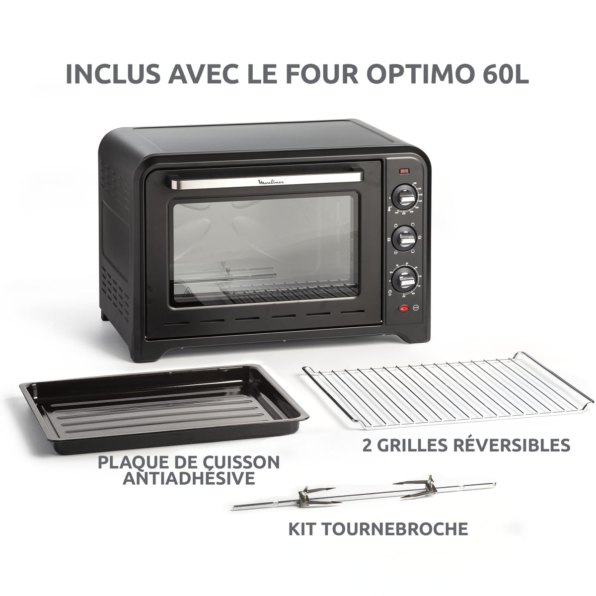 Four électrique Optimo OX495810 60 L 2200 W chaleur tournante 7 modes de cuisson avec tournebroche et 2 grilles