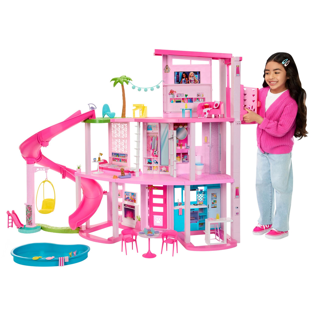 Maison de Poupée avec Accessoires HMX10 79 Pièces 10 Espaces de Jeu Toboggan 3 Étages et Piscine