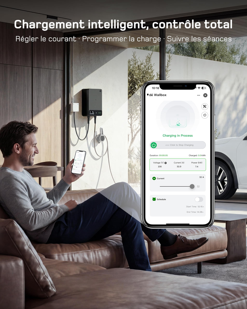 Borne de Recharge pour Véhicule Électrique 7,4 kW 32 A Type 2 Monophasé 230 V Câble 7,5 m APP RFID
