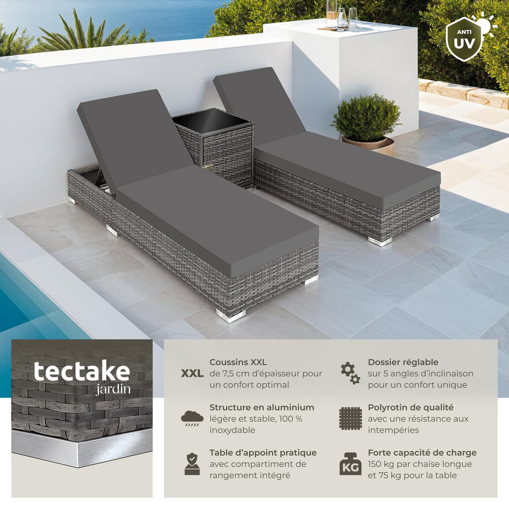 Set de 2 bains de soleil avec table 403088 dossier réglable 5 positions résine tressée aluminium housses de protection