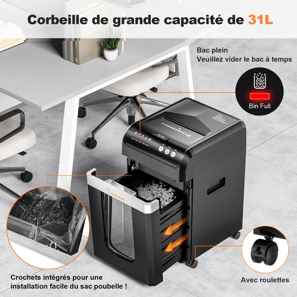 Destructeur de Documents 200 Feuilles Auto-Feed Micro-Coupe P-4 4×12 mm Bac 31 L Fonctionnement 60 Minutes