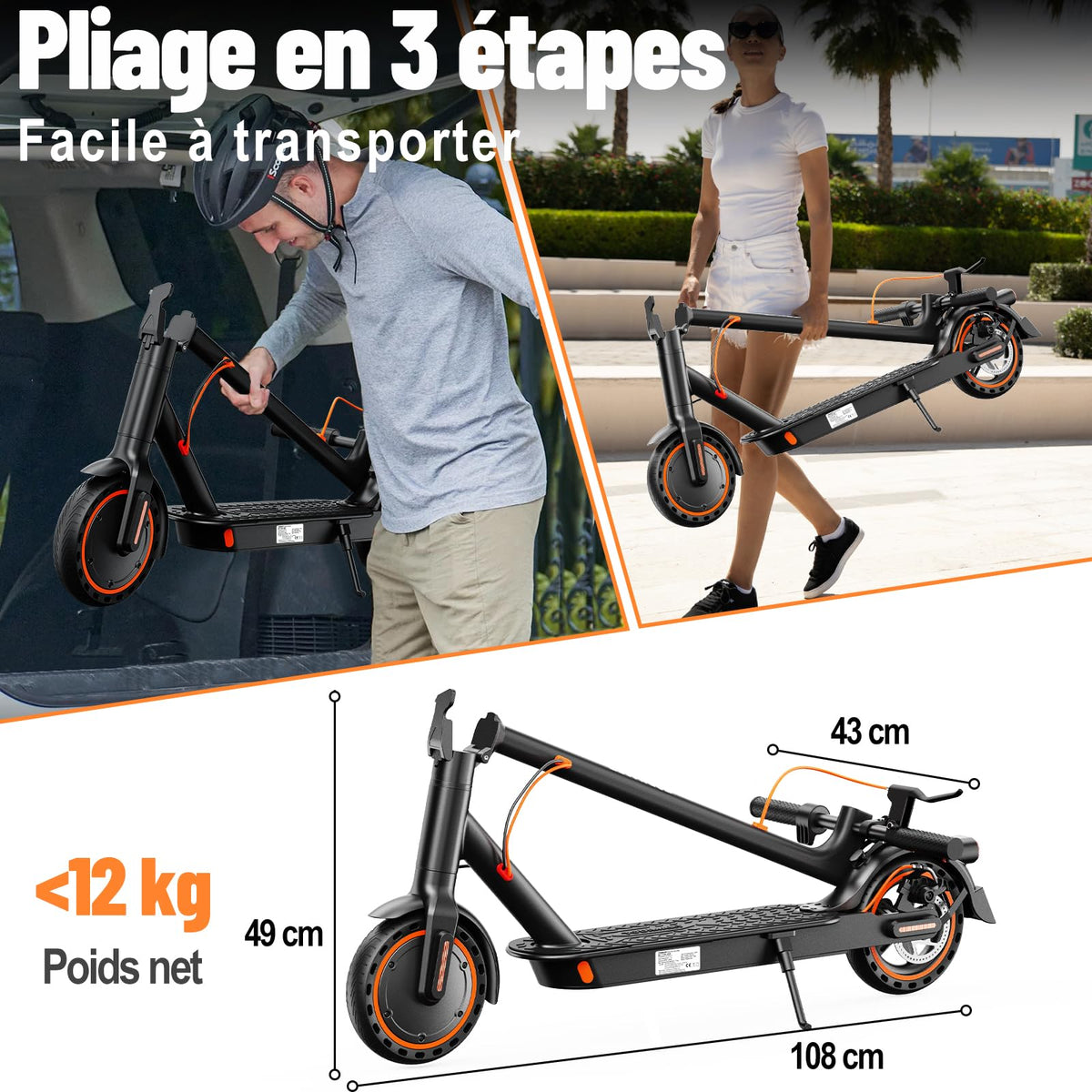 Trottinette Électrique Pliante T3-650W 36 V 7,8 Ah 25 km/h Autonomie 30 km Pneus Pleins 8,5 Pouces Charge 120 kg