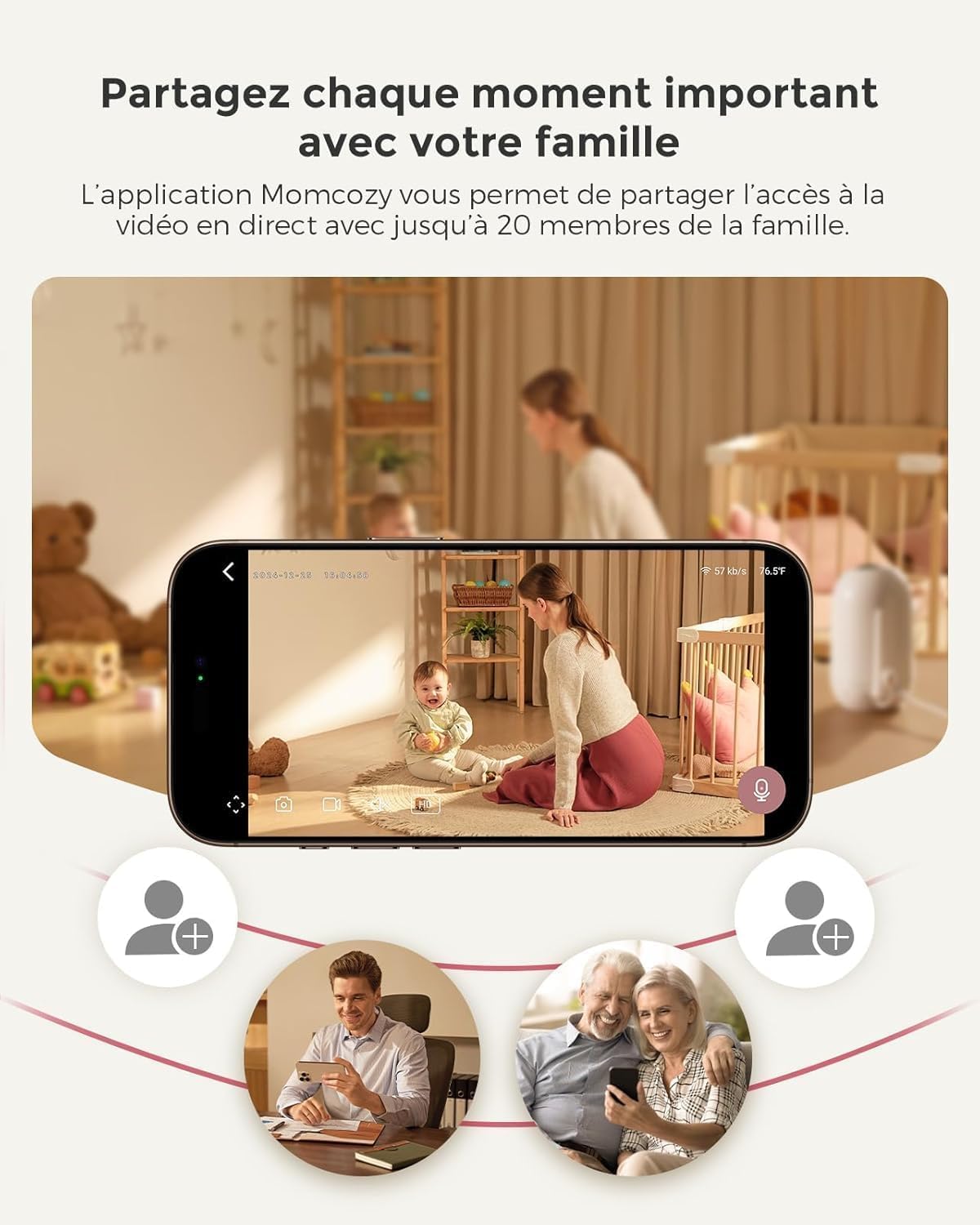 Babyphone caméra BM04-1 écran 5 pouces 1080p Wi-Fi FHSS vision nocturne audio bidirectionnel détection des pleurs et mouvements
