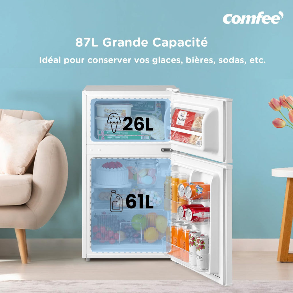 Réfrigérateur Combiné 87 L 2 Portes Congélateur Supérieur Sans Gel 40 dB 220 V Portes Réversibles 2 Étagères Blanc