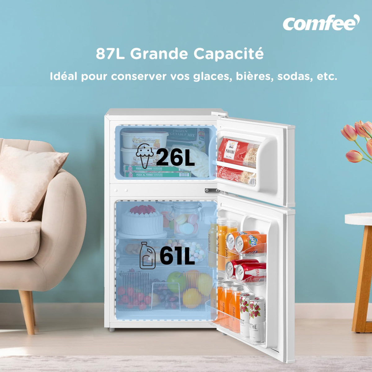 Réfrigérateur Combiné 87 L 2 Portes Congélateur Supérieur Sans Gel 40 dB 220 V Portes Réversibles 2 Étagères Blanc