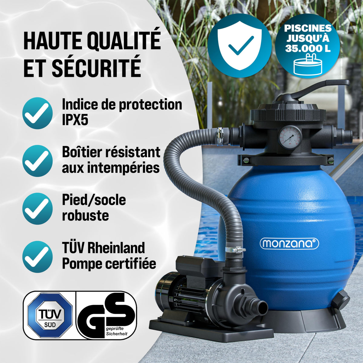Pompe filtre à sable pour piscine 10,2 m³/h SF12K MZPP14 400 W réservoir 25 L 230 V raccord 32 à 38 mm