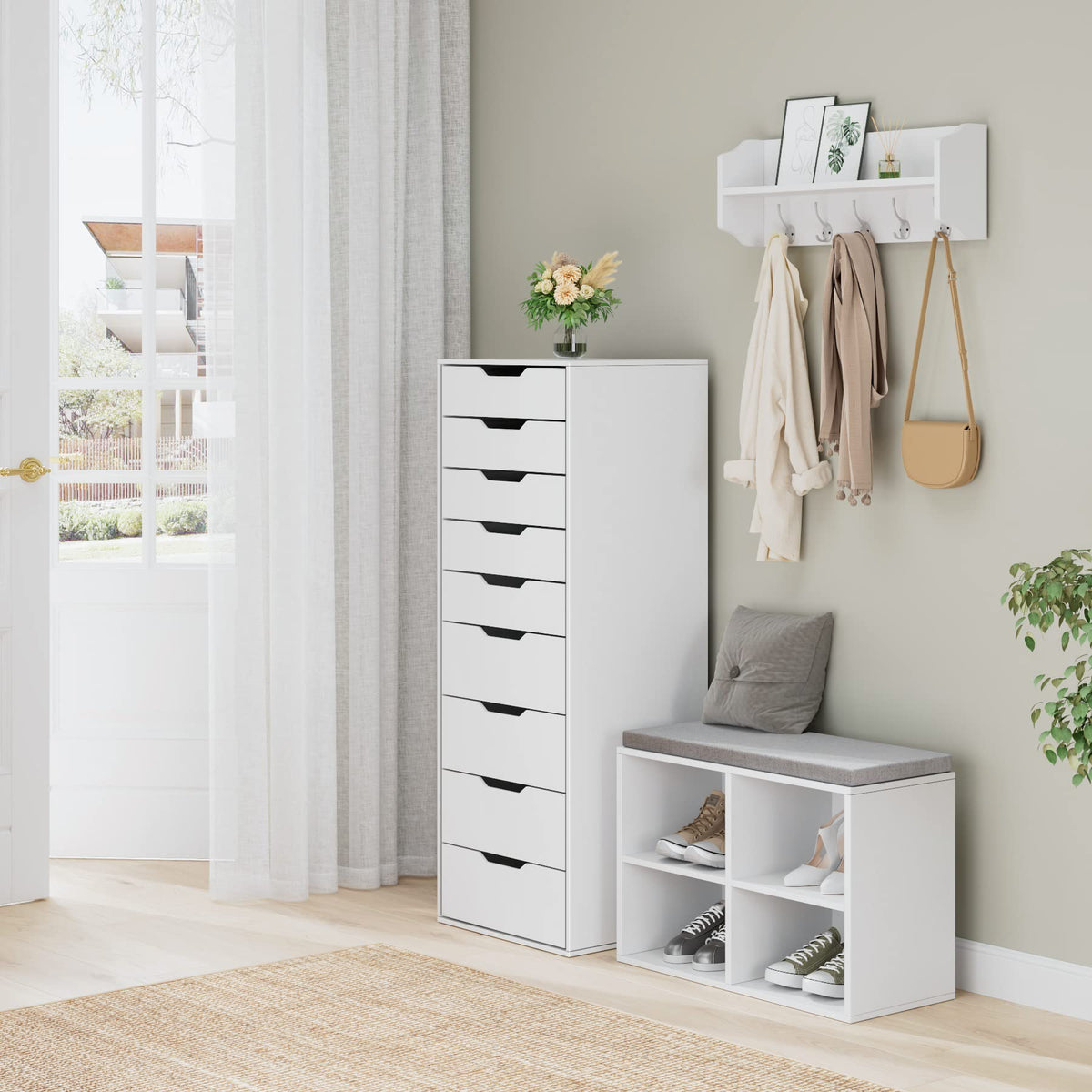 Commode chambre 9 tiroirs M951 124 cm en bois d'ingénierie blanc avec rangement vertical et poignées creuses