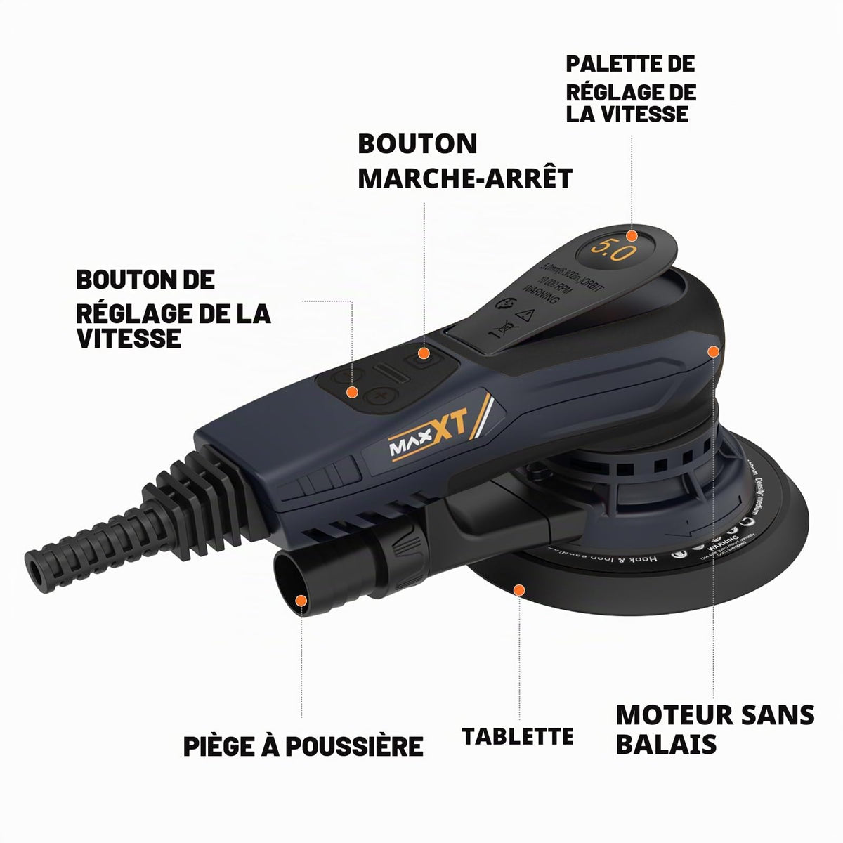 Ponceuse excentrique 150 mm R7303-4 sans balais 10000 tr/min 6 vitesses course 5 mm frein électronique 230 V 10 abrasifs câble 5 m