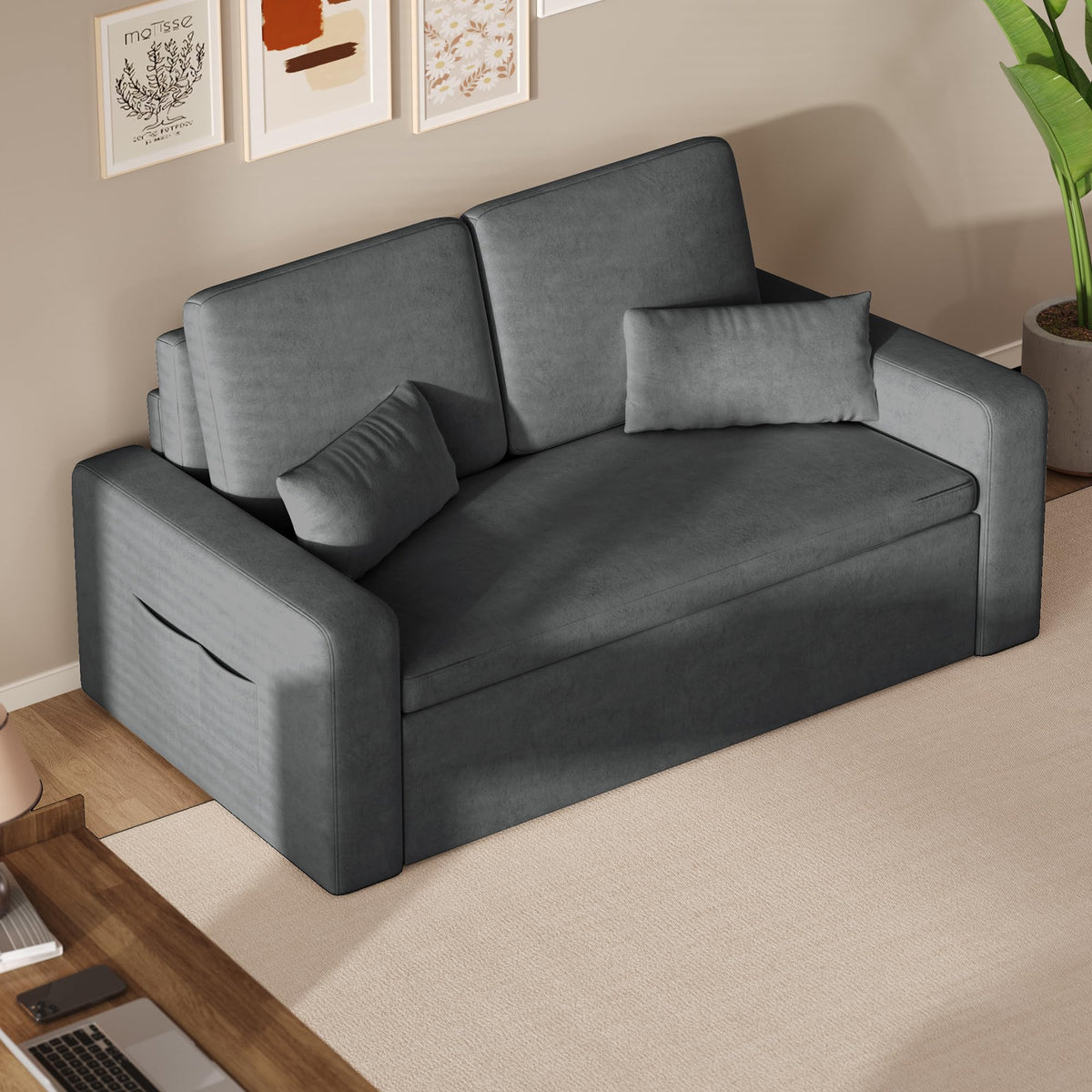Canapé-lit 2 places convertible AR28 147 x 196 x 87 cm en velours gris foncé avec 4 roulettes et rangement latéral