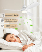 Ventilateur de plafond 132 cm avec éclairage et télécommande modèle 8701 3 pales 6 vitesses moteur DC 32 W blanc