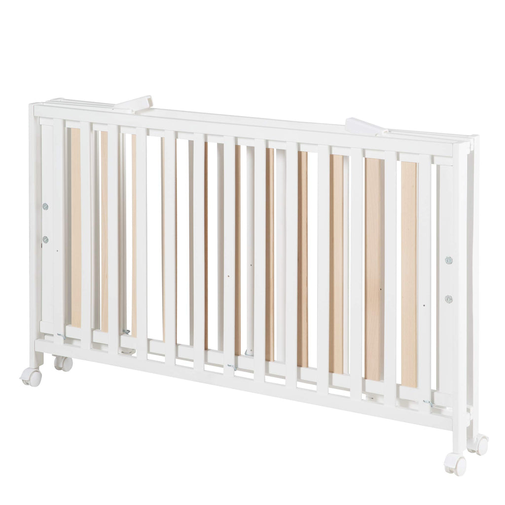 Lit Bébé Pliant Fold Up 287100WE 60 x 120 cm Hêtre 2 Niveaux Réglables 4 Roulettes à Freins Charge 40 kg Blanc