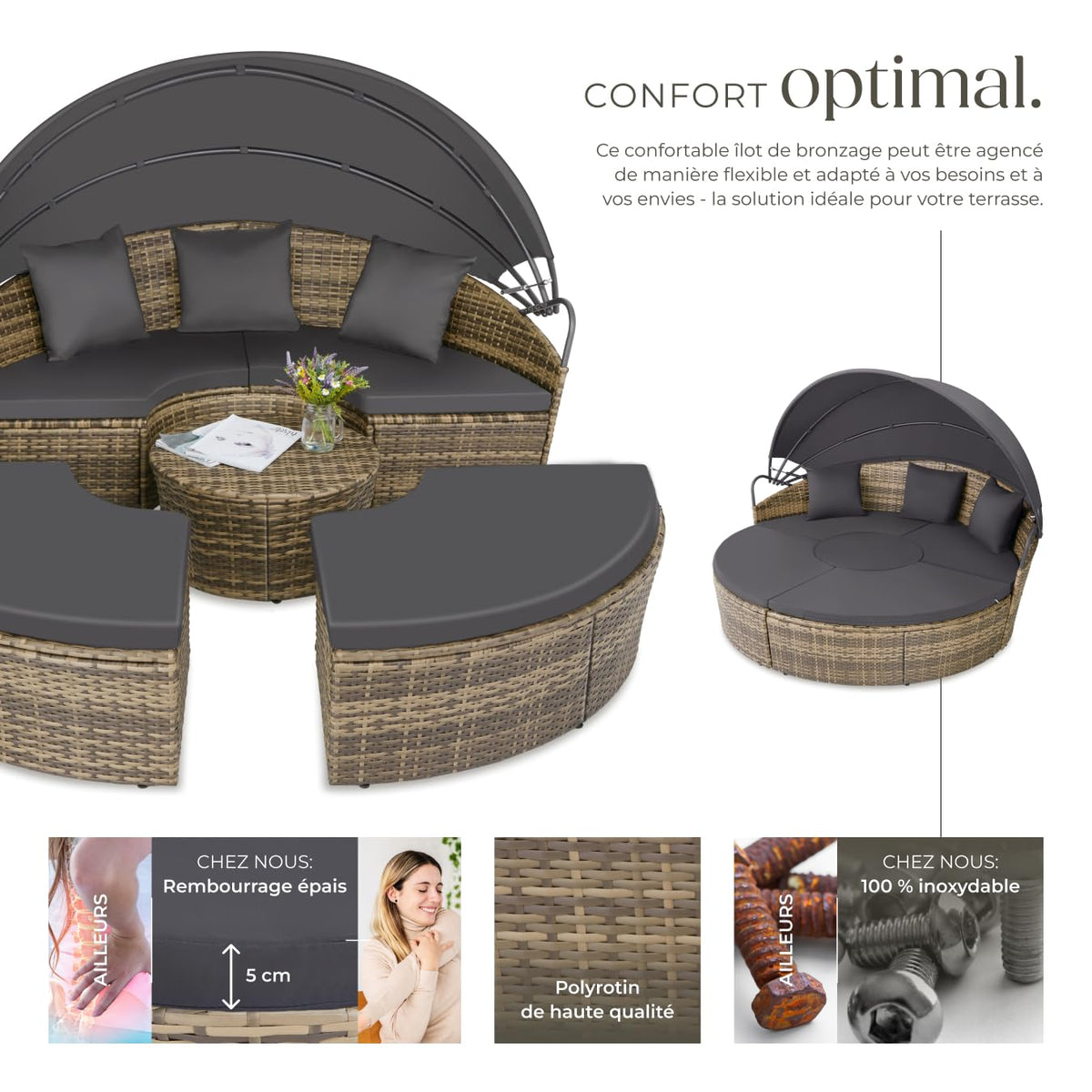 Bain de soleil modulable 5 pièces en résine tressée pare-soleil pliable coussins inclus structure acier 175 x 171 x 136 cm marron