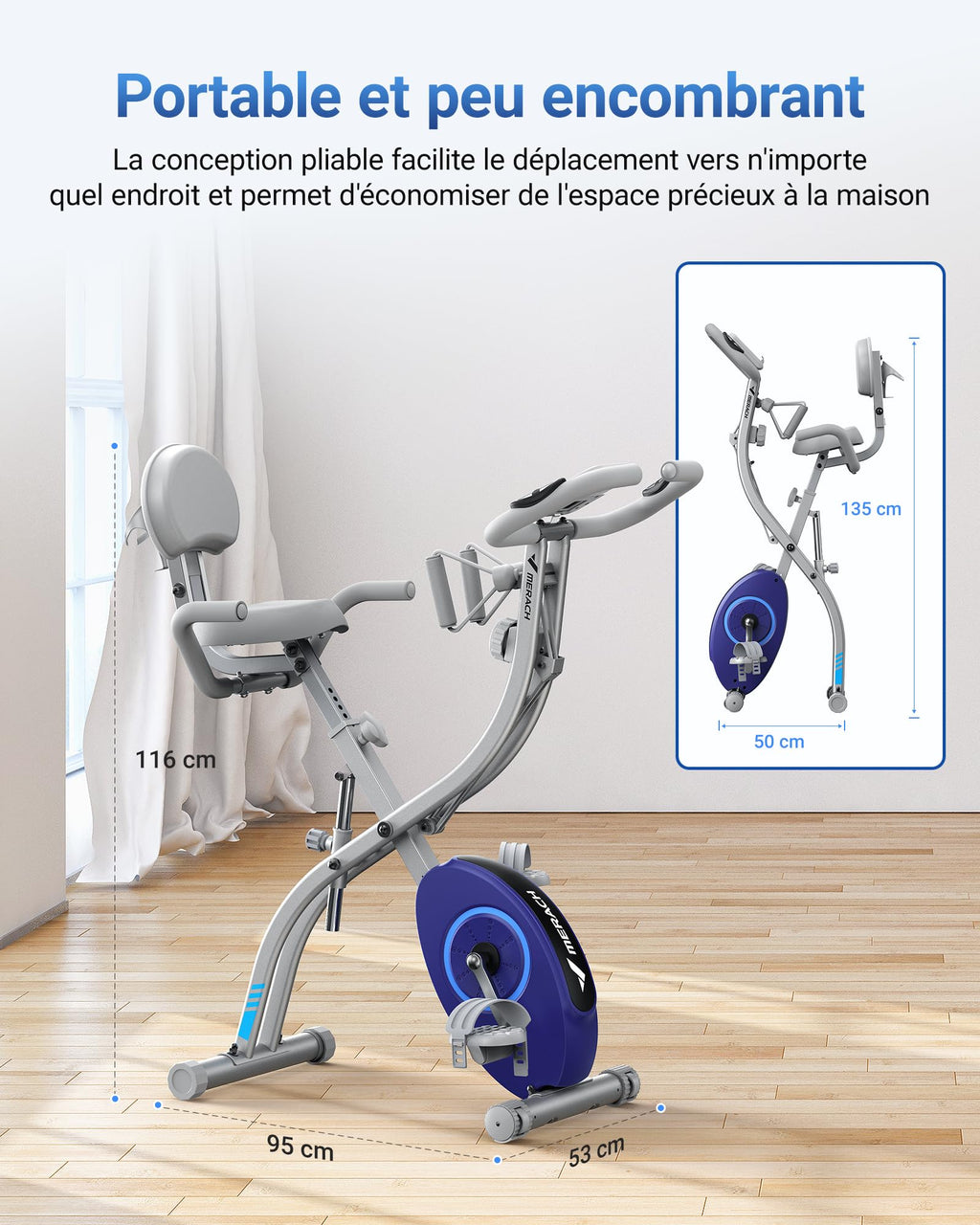 Vélo d’appartement pliable 4 en 1 MR-S15H1 résistance magnétique 16 niveaux écran LCD mesure du pouls avec bande de résistance