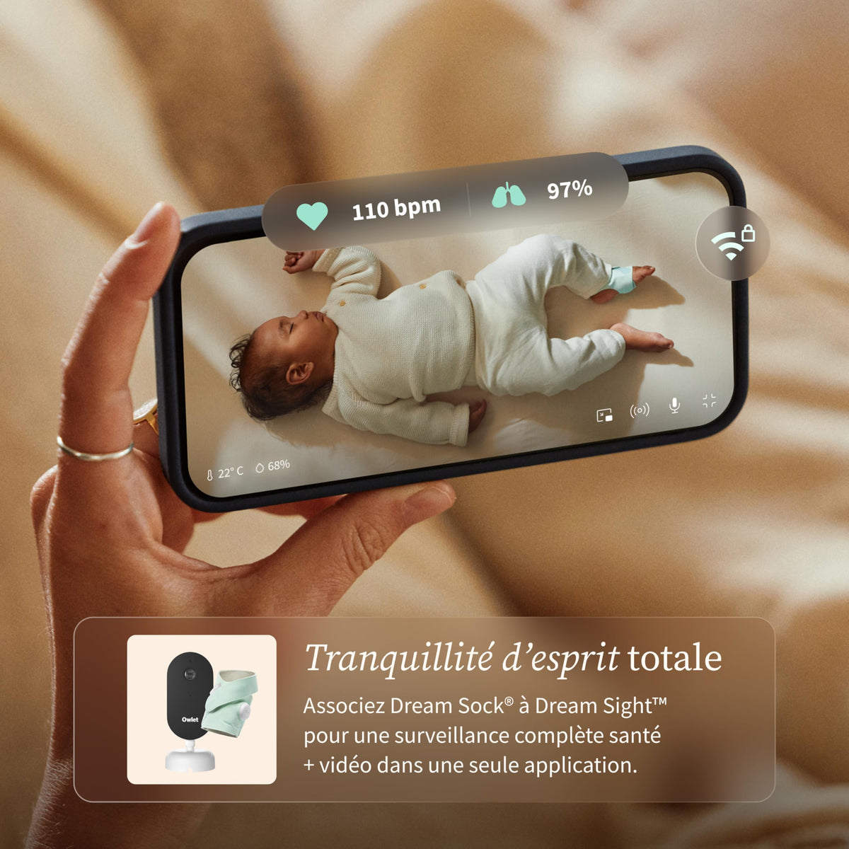 Moniteur bébé intelligent Dream Sock avec suivi de la fréquence cardiaque et du niveau d’oxygène autonomie 16 h Bluetooth Wi-Fi 2,4 GHz