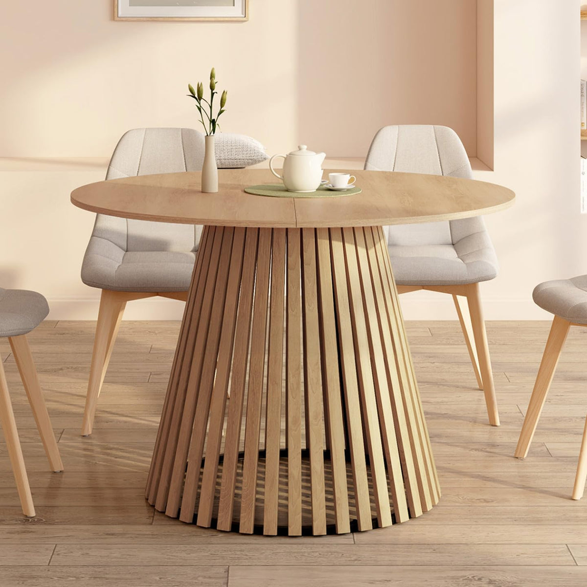 Table à manger ronde extensible Carmen 110-150 cm 4-8 places plateau en mélamine pied en bois et cadre métal