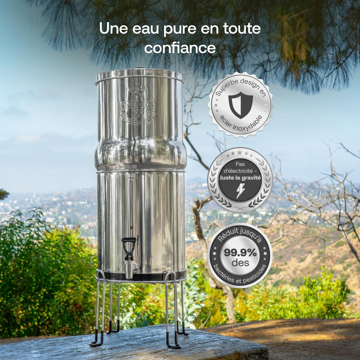 Système de filtration d'eau par gravité Earth WEEP850 8,5 L en acier inoxydable AISI 304 avec 2 filtres O'Pure 2