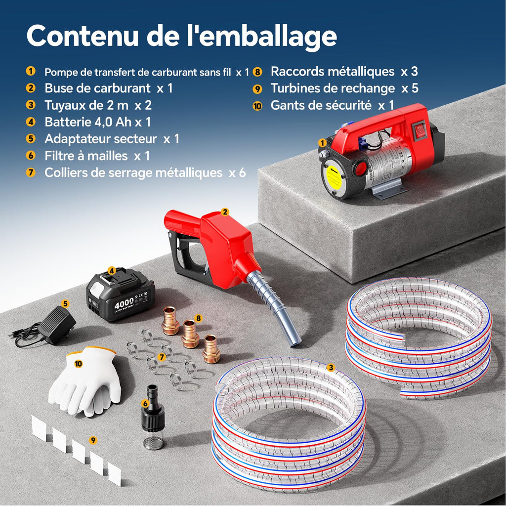 Pompe de transfert diesel sans fil 45 L/min 18 V batterie 4 Ah buse automatique tuyaux 2 m filtre pour gazole kérosène biodiesel