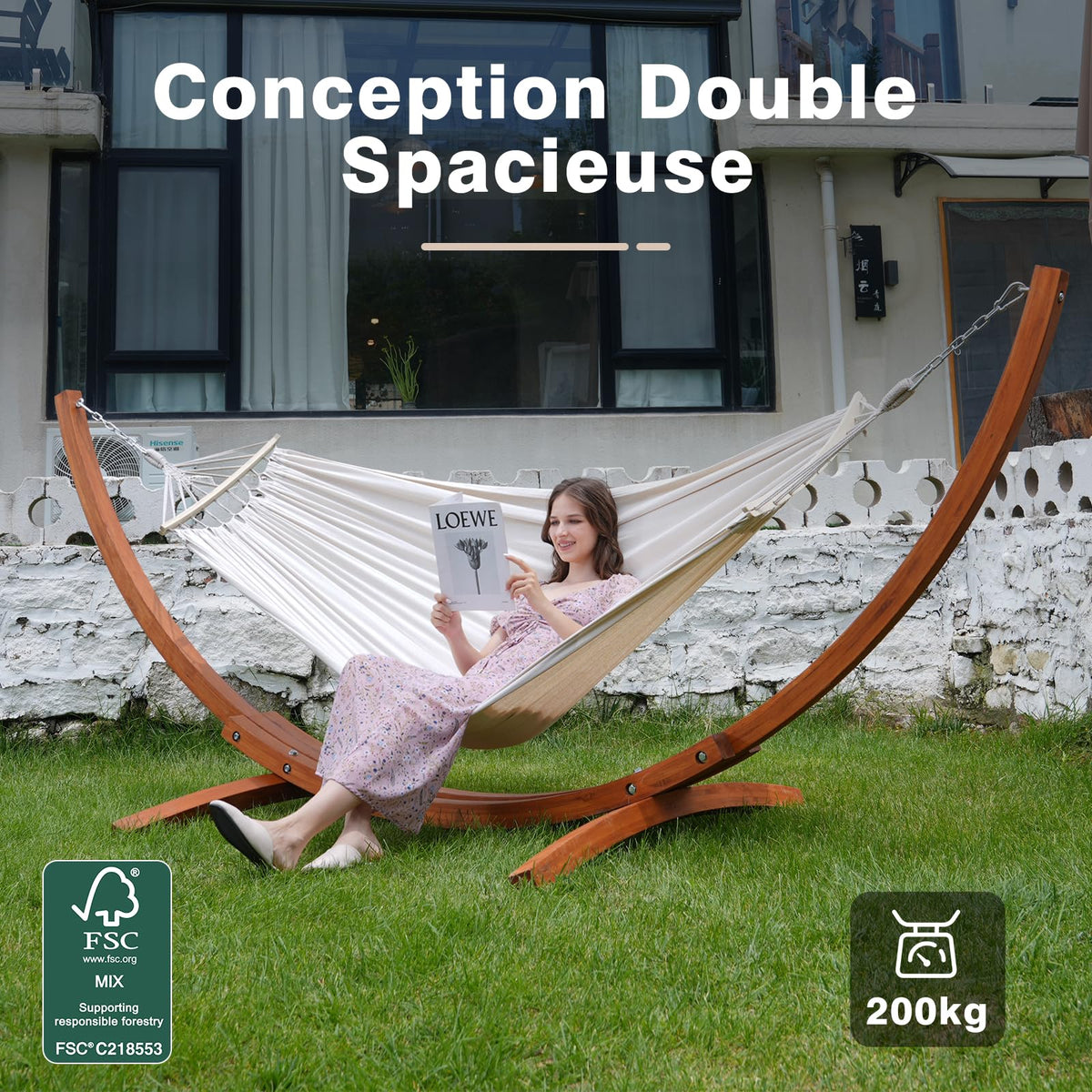 Hamac avec support en bois 320 x 120 cm 2 places charge 200 kg coton beige réglable en hauteur