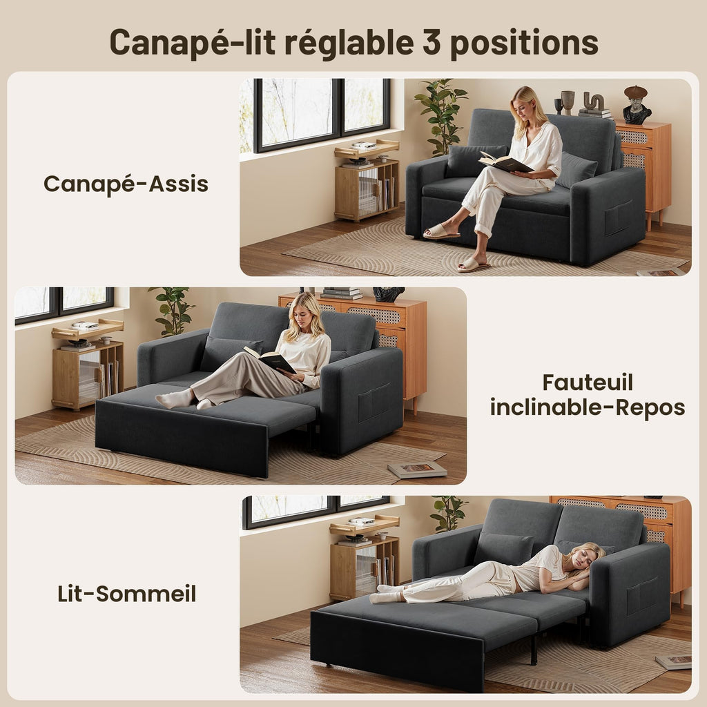 Canapé-lit 2 places convertible AR28 147 x 196 x 87 cm en velours gris foncé avec 4 roulettes et rangement latéral