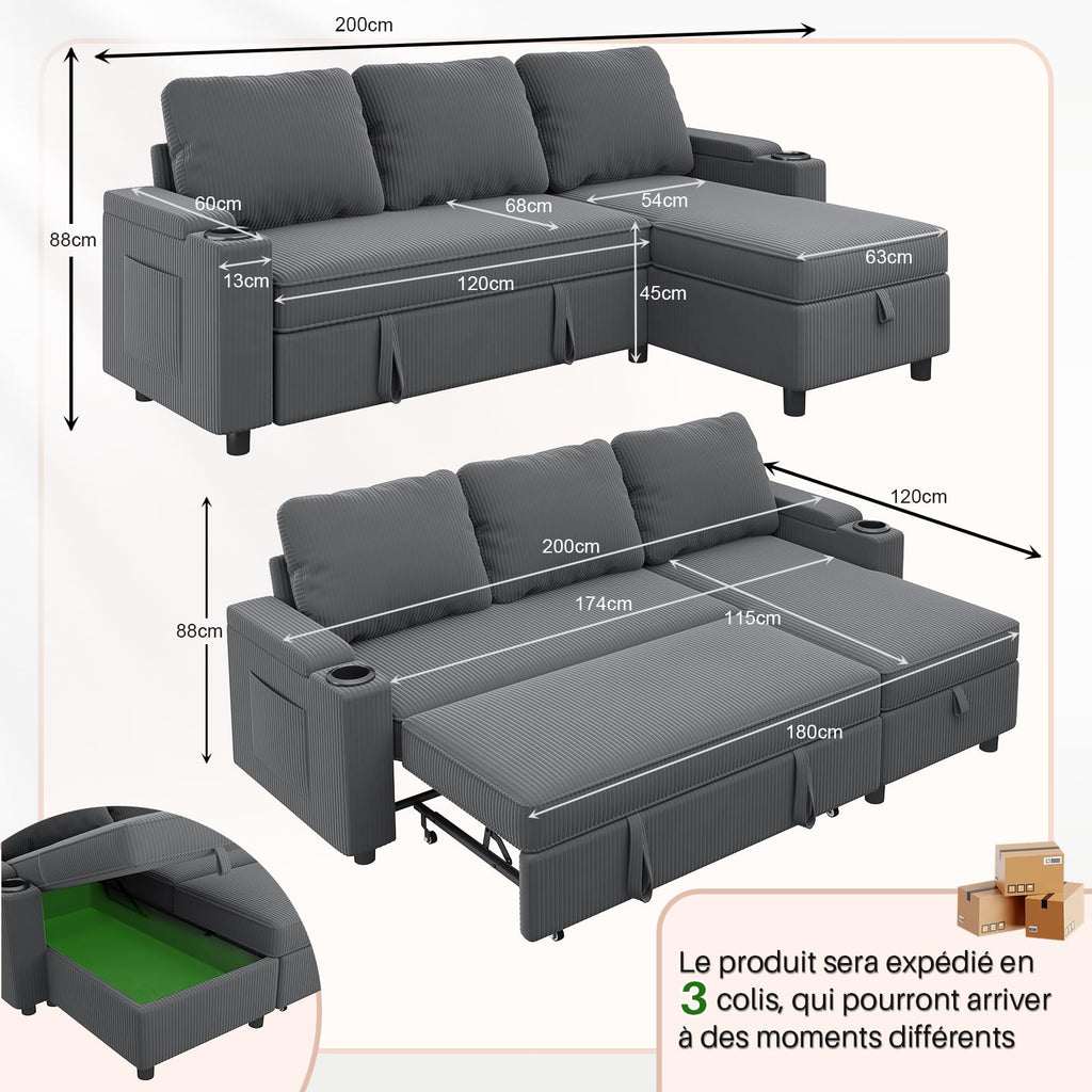 Canapé d'angle convertible 3 places TRFR-SF24-0770B canapé-lit avec rangement chaise longue réversible 120 x 200 x 88 cm