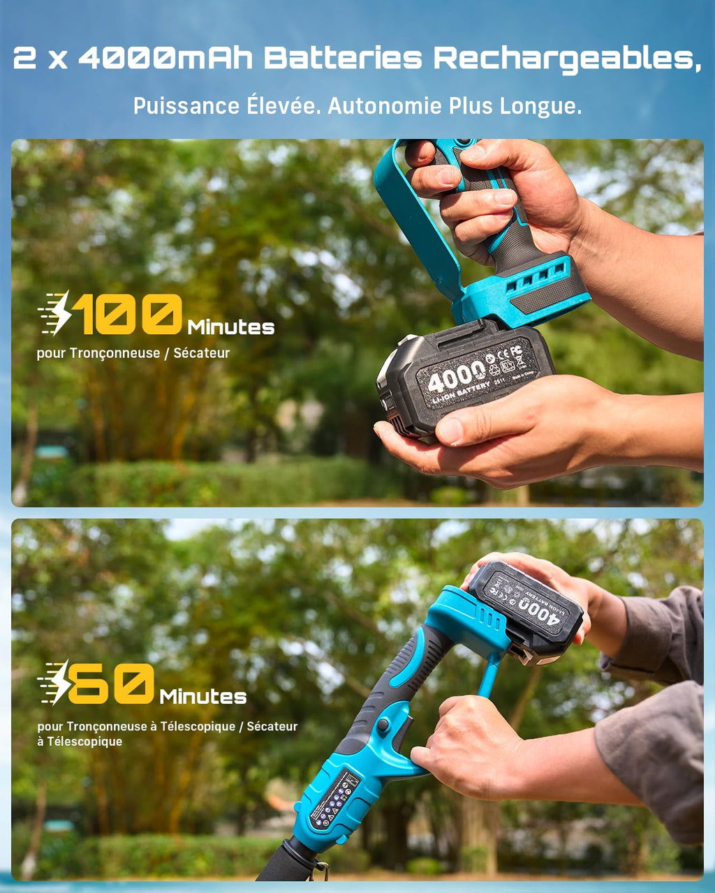 Mini tronçonneuse sur perche 4-en-1 CYCPHTO1F-z 600 W chaîne 6 pouces avec sécateur et 2 batteries 4000 mAh