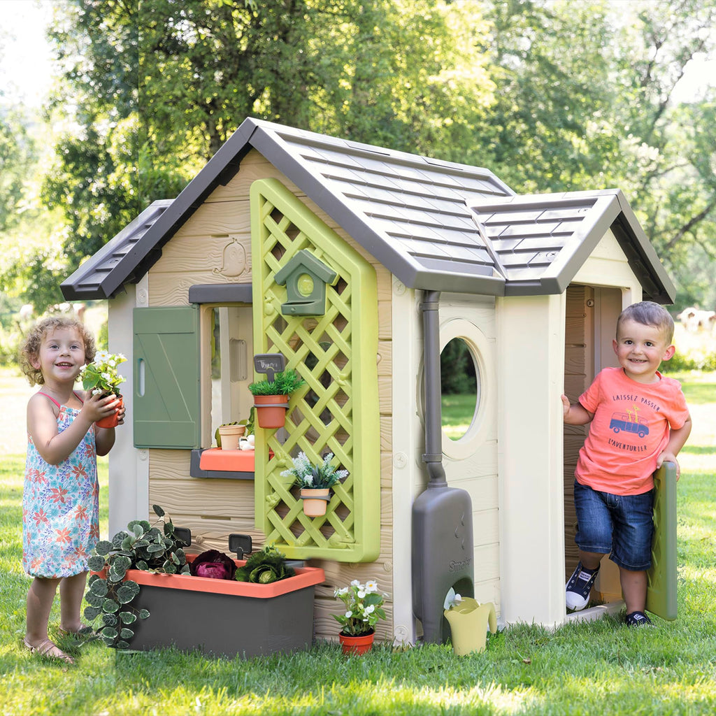 Maison de jardin pour enfants 132 x 128,5 x 135 cm dès 2 ans plastique recyclé jardinière treillis mangeoire récupérateur d'eau