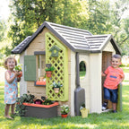 Maison de jardin pour enfants 132 x 128,5 x 135 cm dès 2 ans plastique recyclé jardinière treillis mangeoire récupérateur d'eau