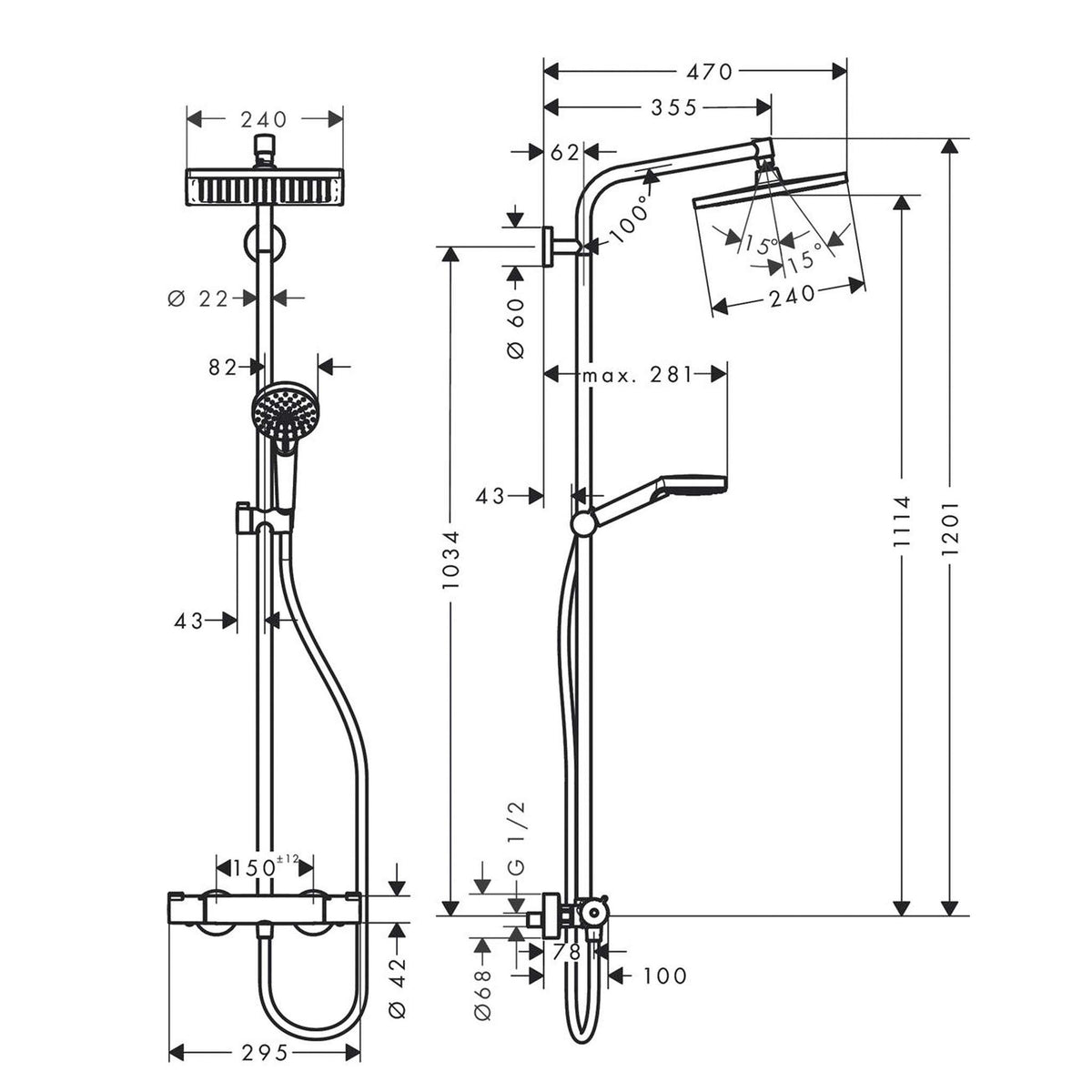 Colonne de douche Crometta E 240 27271000 avec mitigeur thermostatique douche de tête 240 mm douchette et flexible