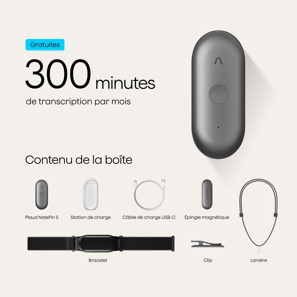 Enregistreur vocal IA NotePin S 64 Go transcription IA 112 langues autonomie 20 h microphone intégré MP3 avec 4 accessoires