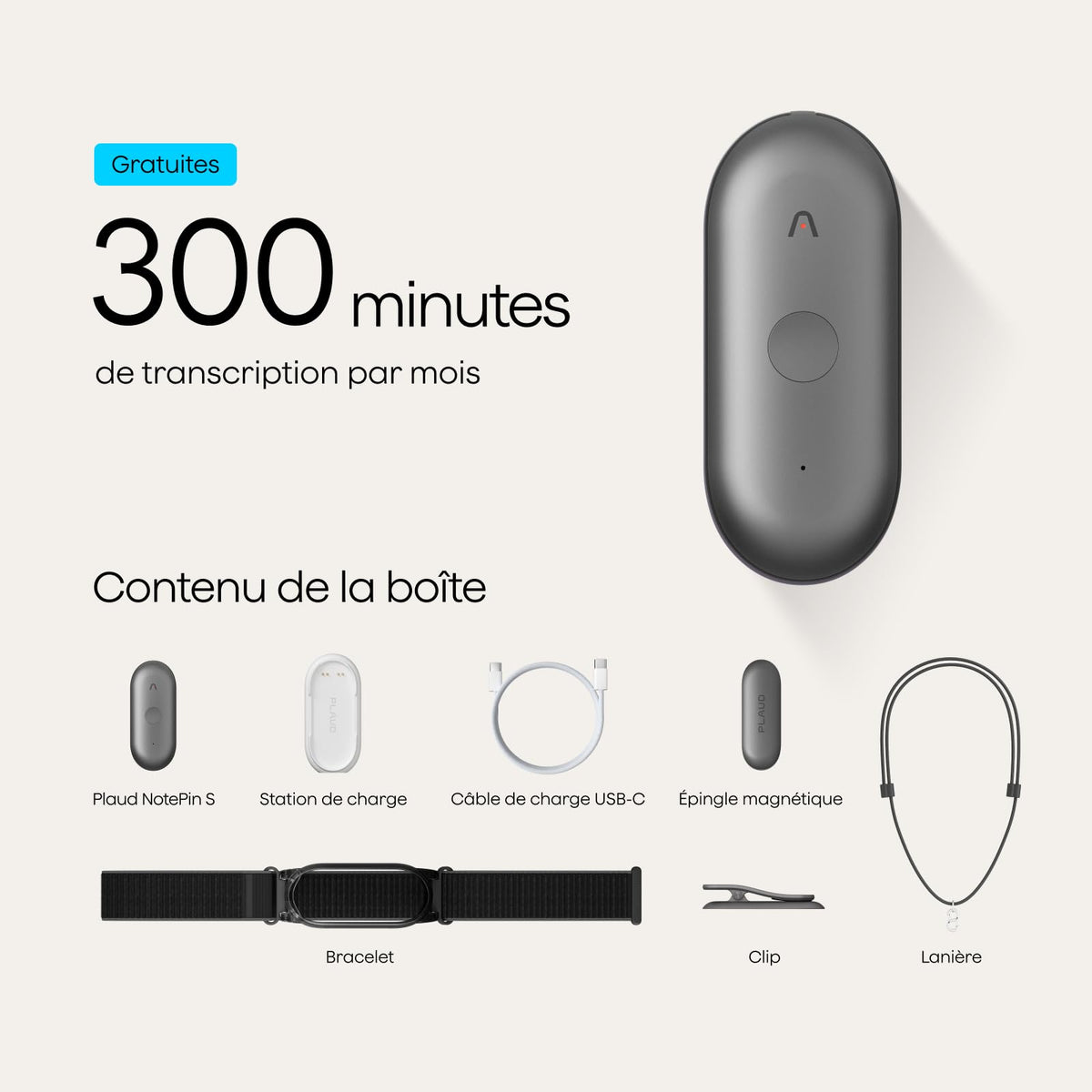 Enregistreur vocal IA NotePin S 64 Go transcription IA 112 langues autonomie 20 h microphone intégré MP3 avec 4 accessoires